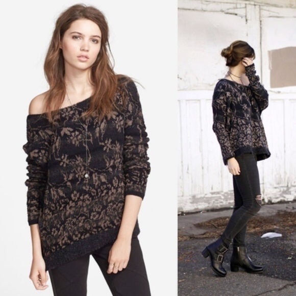 Free People • Floral Fields sweater black tan knit linen alpaca fuzzy zipper - Picture 1 of 14